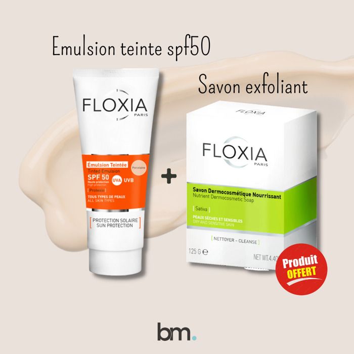 Floxia Ecran Emulsion Teinte Pourcelaine spf50 = Savon Exfoliant 125G Offert