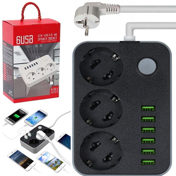 électrique Prise d'alimentation multiprise à 3 comprend 220V 3000W - 6 ports USB-A et 3 pour charge son téléphone portable, tablette