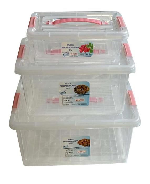 3 BOITES RECANGULAIRES AVEC POIGNEE 15L+10L+3L TRANSPARENTES