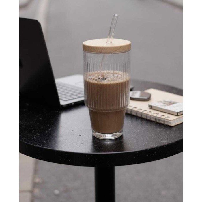 Gobelet xl Verre mug avec couvercle et Paille, 500 ml Striés Verre Bubble Tea avec Couvercle