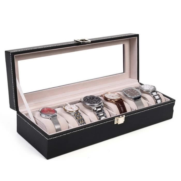 Coffret à Montres Boîte à Montres Boite de Rangement Présentoir Montres 6 coussins éxtérieur noir intérieur blanc
