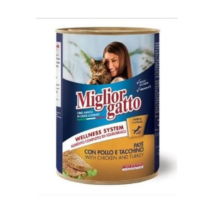 Pâtée pour chat - Morando - MIGLIOR GATTO - Poulet et dinde - 400 g - Nutriments essentiels