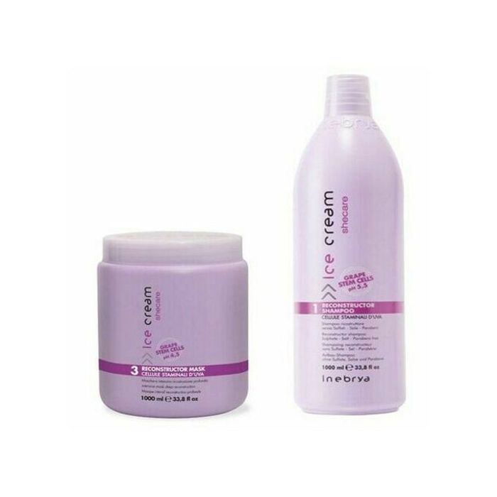 Shampoing et masque Inebrya Ice Cream à la kératine : soin reconstructeur sans sulfate pour cheveux secs ou abîmés.