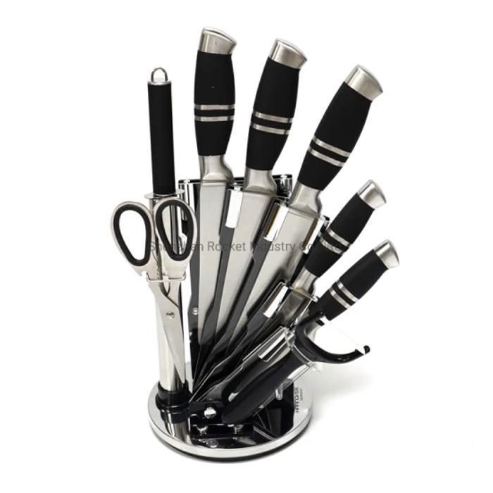 Set de Couteaux en Inox avec Ciseaux, Fusil et Support Pivotant