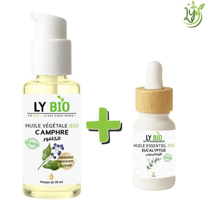 Pack de soins - LYBIO - Huile Camphrée 50ml - Huile Essentielle Eucalyptus 10ml - Tous types de cheveux - Mixte
