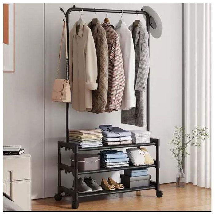 Meuble d’Entrée Porte-Manteaux avec Étagère à Chaussures 3 Niveaux, Cadre Noir en Métal, Gain de Place Assuré