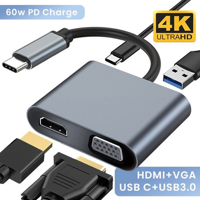 Adaptateur 4en1 Support 4K Type-C to HDMI / VGA / Type-C / USB 3.0