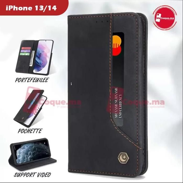 Pochette iPhone 13/14 normal Etui Portefeuille en Cuir Noir Coque Antichoc