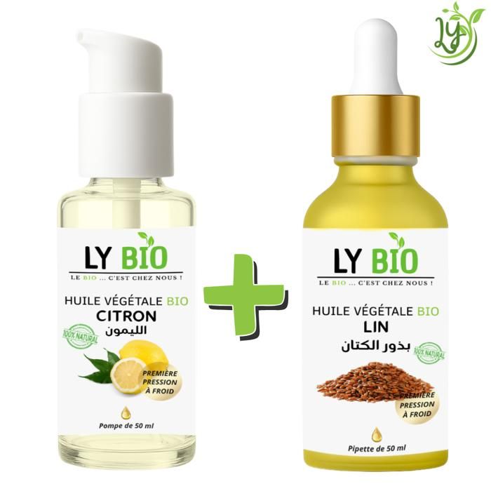 Pack Huile - LYBIO - Huile Citron 50ml - Pompe - Huile Lin 50ml - Pipette - Brillance