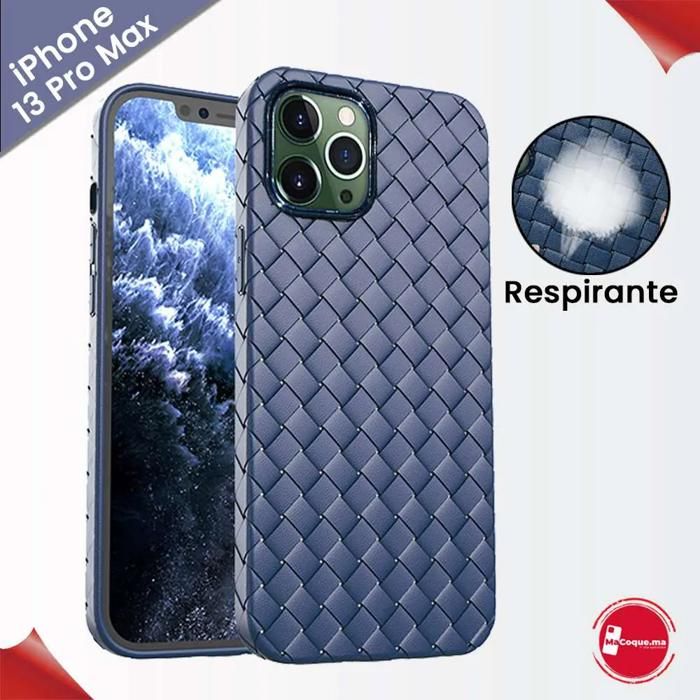 Pochette iPhone 13 Pro Max Coque respirante en Silicone souple TPU Texture Cuir Tissé Couleur Blue