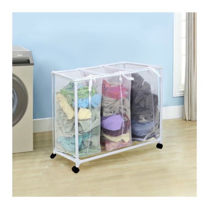 Chariot à linge en plastique avec roulettes et 3 filets blanc pratiques
