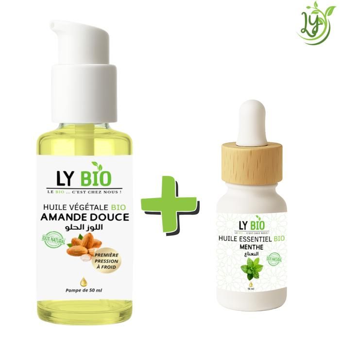 LYBIO PACK HUILE AMANDE DOUCE 50ml - POMPE + HUILE ESSENTIEL MENTHE 10ML