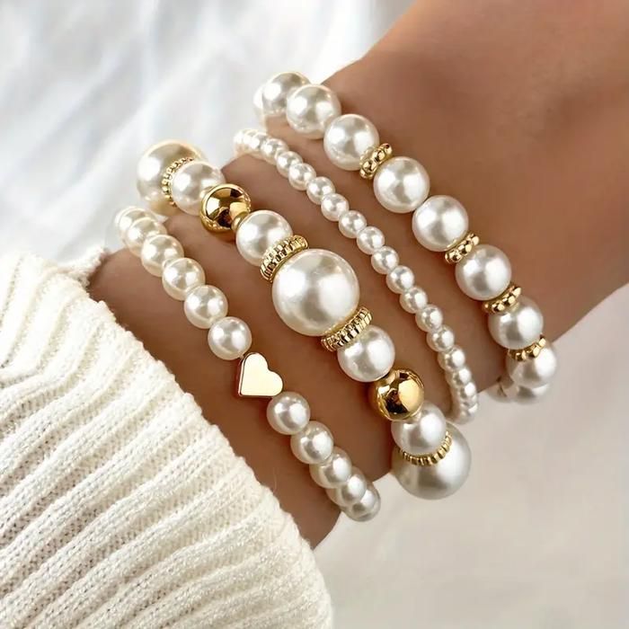Bracelet - GENERIC - Ensemble de 4 - Perles Blanches - Fait Main - Élégant et Raffiné