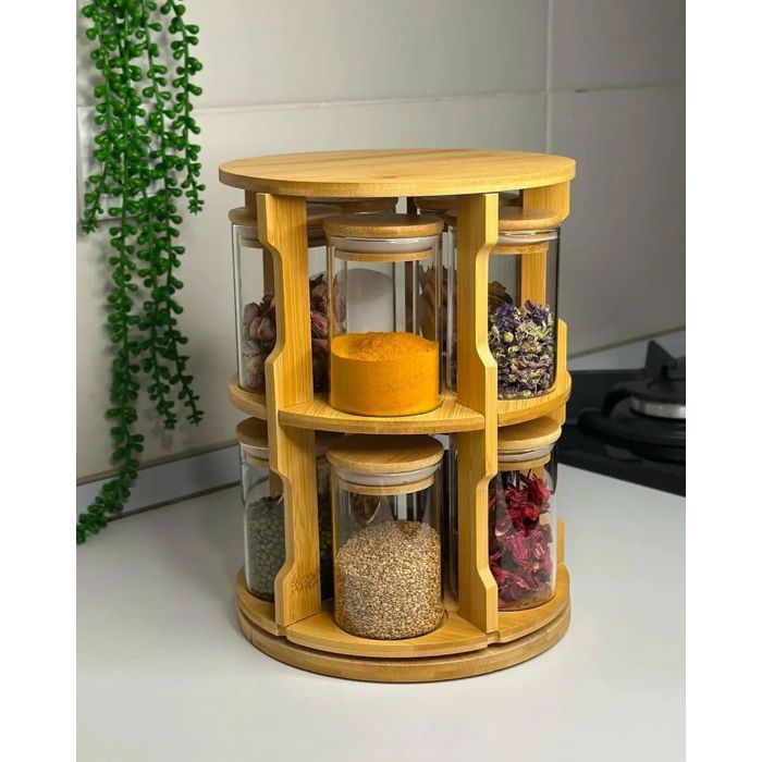 Étagère à Épices Rotative 360° en Bois et 10 Bocaux