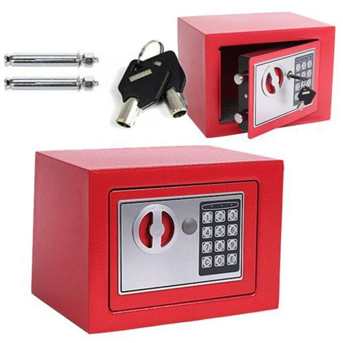 Coffre Fort à Serrure Électronique Avec Code PIN et 2 Clés, Fixations Murales et au sol 17×23×17cm - Rouge