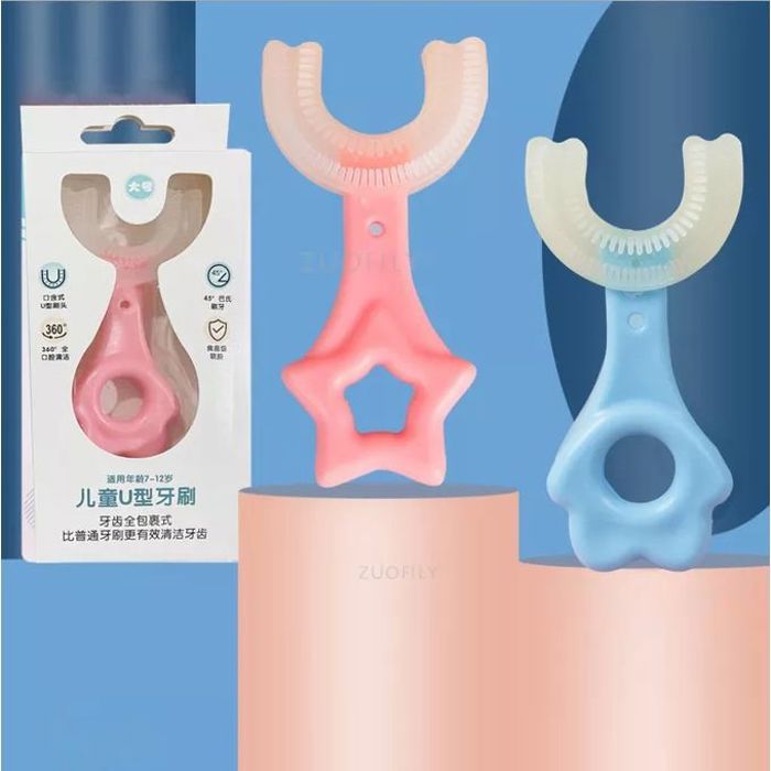 2 Brosse à dents pour enfants tête en silicone rose et bleu .