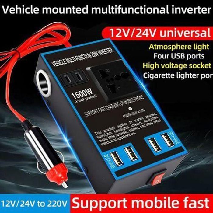 Convertisseur de tension de voiture 1500 W 4 ports USB, Onduleur de Puissance pour Voiture 12V/24V à 220V,