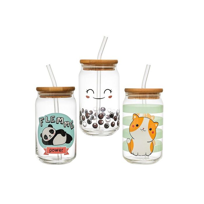 Verre avec couvercle bambou + paille Kawaii 45 cl M12