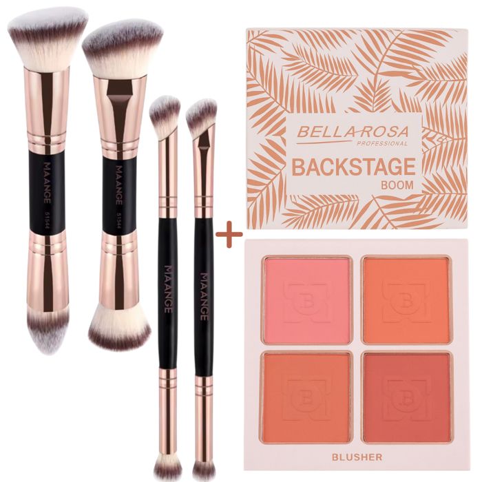 Pack pinceaux MAANGE + palette blush Bellarosa 4 teintes, coffret maquillage pro pour un teint frais, éclatant et naturel