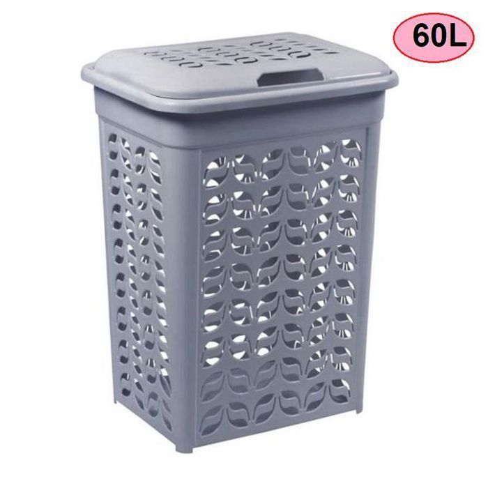 Panier à linge 60 litres avec couvercle à charnière en plastique (couleur et design aléatoire)