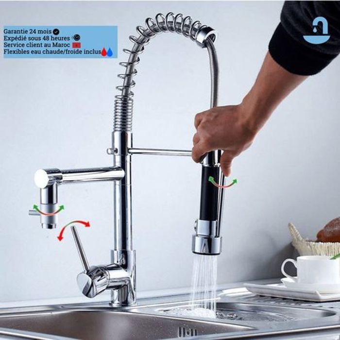 Robinet Cuisine Robinetterie à Ressort Cuisine avec Douchette Extensible Rotation 360°