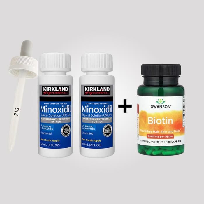 Traitement capillaire - Kirkland - Minoxidil 5% - 2x60ml - Biotin 5000mcg - Anti-chute cheveux