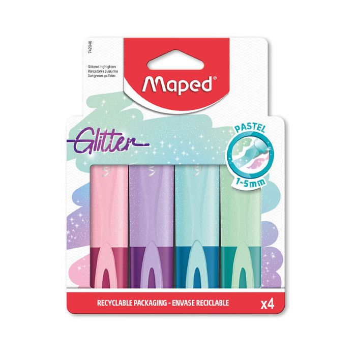 Surligneur - Maped - FLUO PEPS Glitter Pastel - Étui de 4 - Pointe biseautée - Encre scintillante