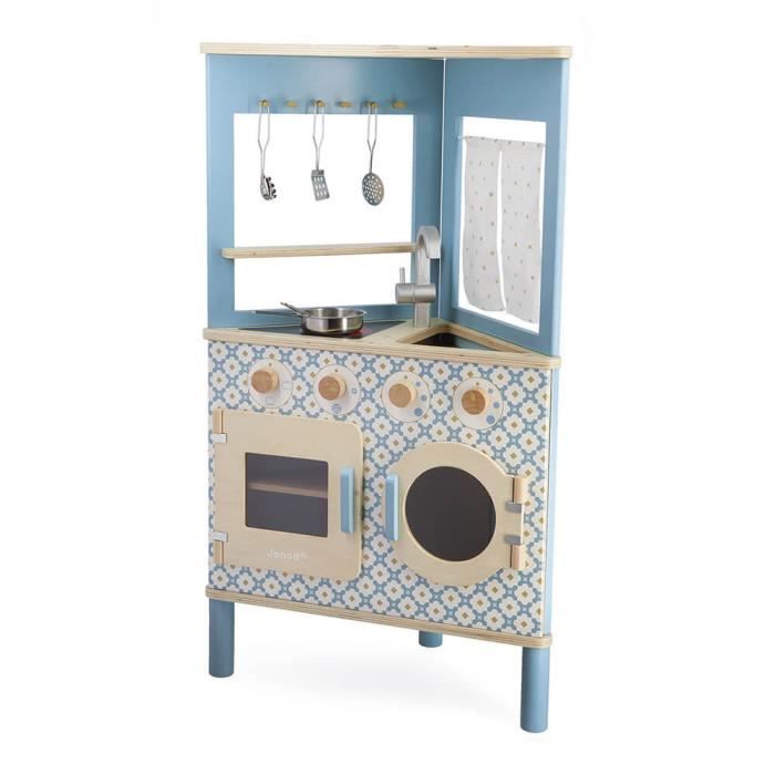 JANOD - Cuisine Trio en Bois - Cuisine d'Angle - Ouvertures sur les 3 Côtés - 5 Accessoires Métal - Dès 3 Ans