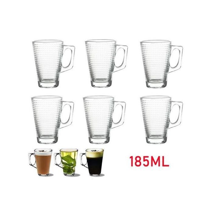 Lot de 6 tasses à café vintage en verre transparent gaufré avec poignée 185ml