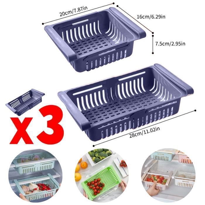 3 Paniers de rangement extensible pour réfrigérateur Bac de Rangement Multifonctionnel pour la Cuisine et la Maison