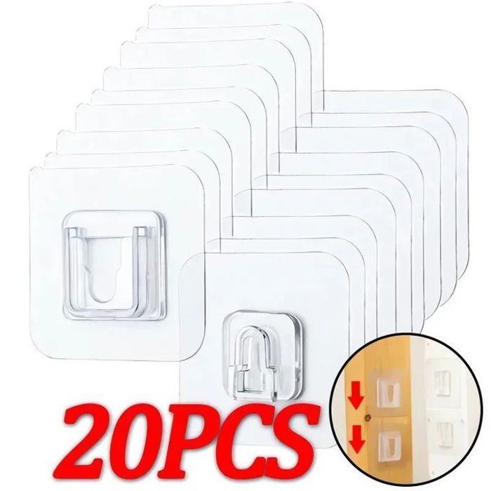 Lot de 20 Paires de Crochets Adhésifs Transparents