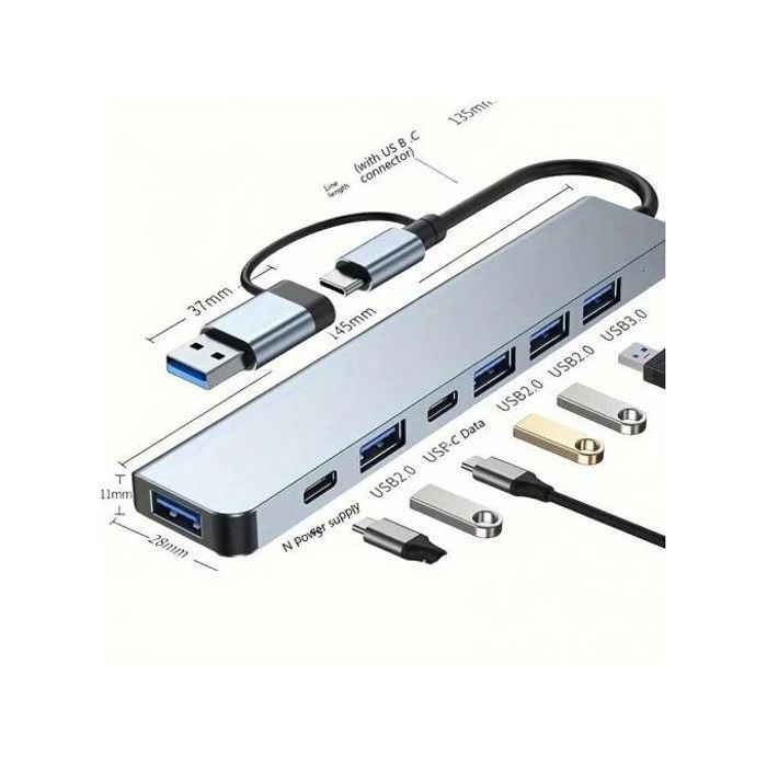 Adaptateur de transfert de données USB 3.0 7-en-1 haute vitesse, extension multiport avec connecteurs de type C et USB-A, compatible