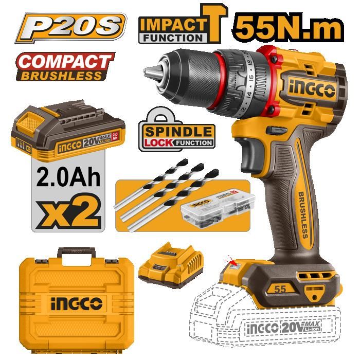 INGCO - PERCEUSE VISSEUSE A PERCUSSION BRUSHLESS 20V+47 ACC 55N/M