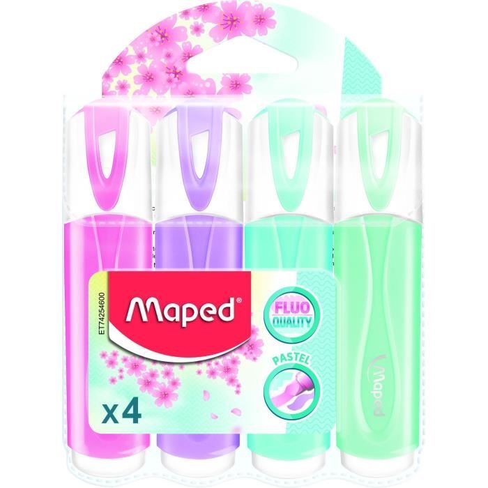 Surligneur - MAPED - 4 Pastels Assortis - Pointe biseautée - Trait de 1 à 5 mm - Mixte