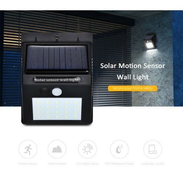 Lampe solaire d'extérieur - Solar Light - 20 LED - Détecteur de mouvement - Énergie solaire - Noir