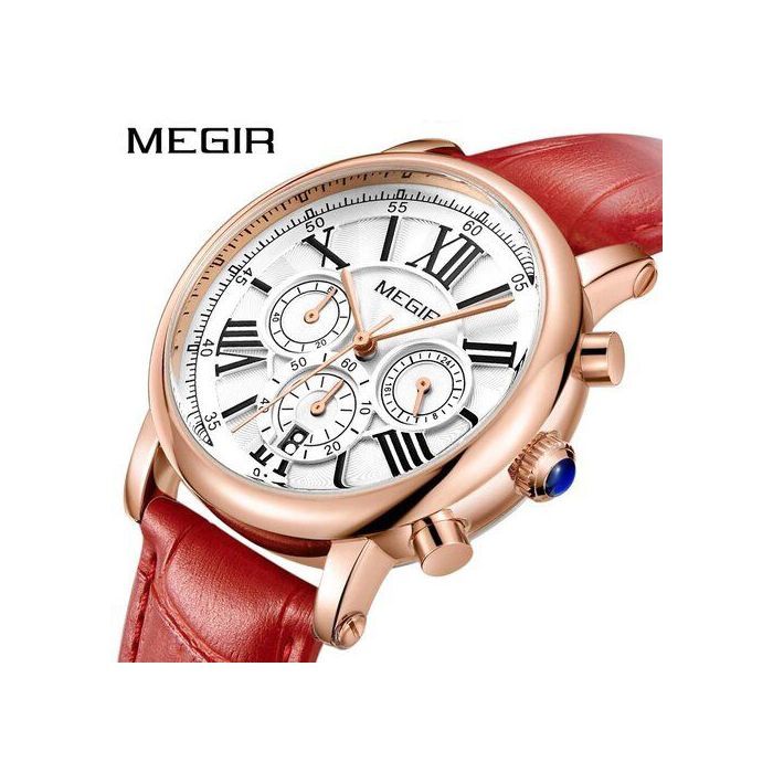 Montre de Sport - MEGIR - 2058 - Quartz - Chronographe - Cuir Rouge