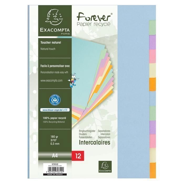 EXACOMPTA - 12 intercalaires A4 polypropylène - Pastel - 21 x 29,7 cm