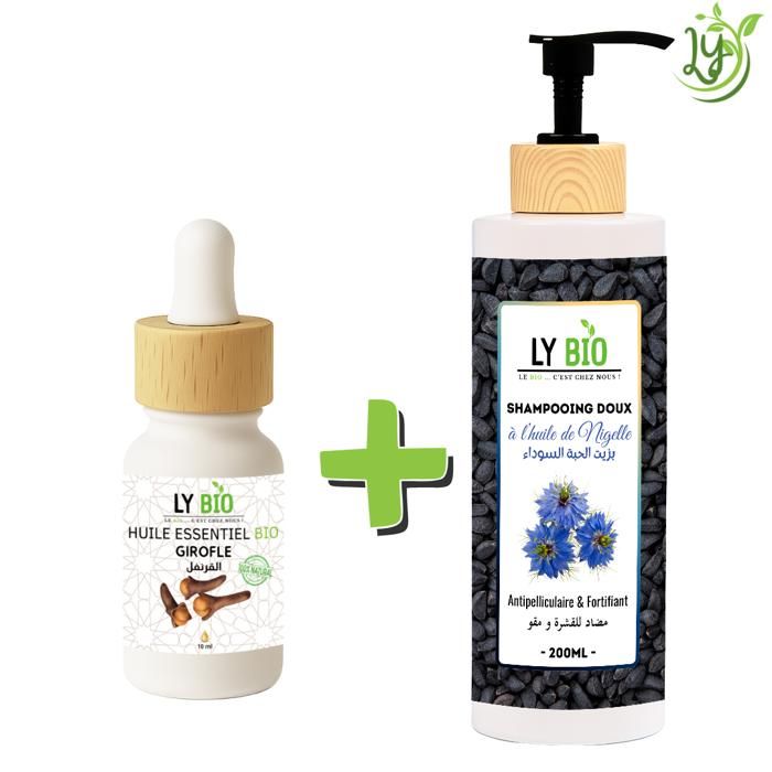 LYBIO PACK HUILE ESSENTIEL GIROFLE 10ML + SHAMPOOING A L'HUILE DE NIGELLE 200ML - ANTIPELLICULAIRE & FORTIFIANT
