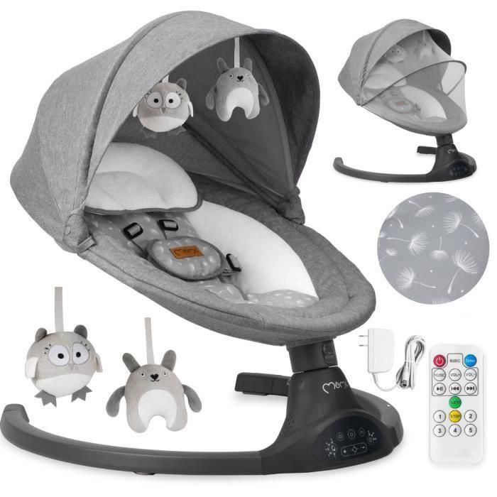 MoMi KENANI – Balancelle Bébé Électrique – Bluetooth – Télécommande – Moustiquaire – 5 Vitesses – Gris Foncé