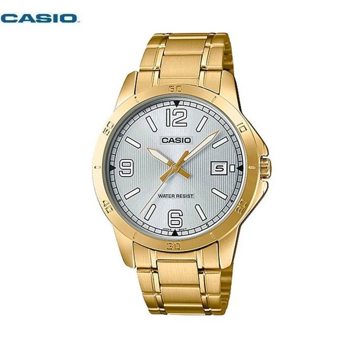 Casio Montre pour homme résistante à l'eau bracelet en métal plaqué or cadran blanc-date-mtp-v004g-7b2udf