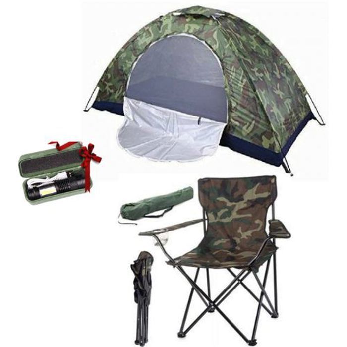 Tente de camping - Militaire - 4 personnes - Chaise pliante - Lampe torche - Résistante aux intempéries
