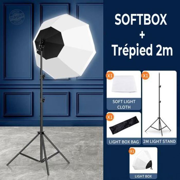 Kit Softbox d’éclairage de photographie 70cm + Trépied 2 mètres et Bras Horizontal Rotatif 360