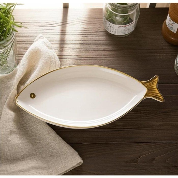 Plat de service en forme de poisson -Assiette en porcelaine de présentation de vos plats de poisson avec détail doré 36cm/18cm