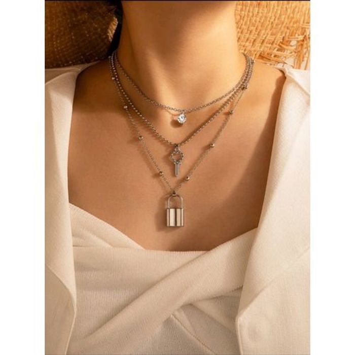 3 PIECE collier avec detail de clé et serrure 2 chaines