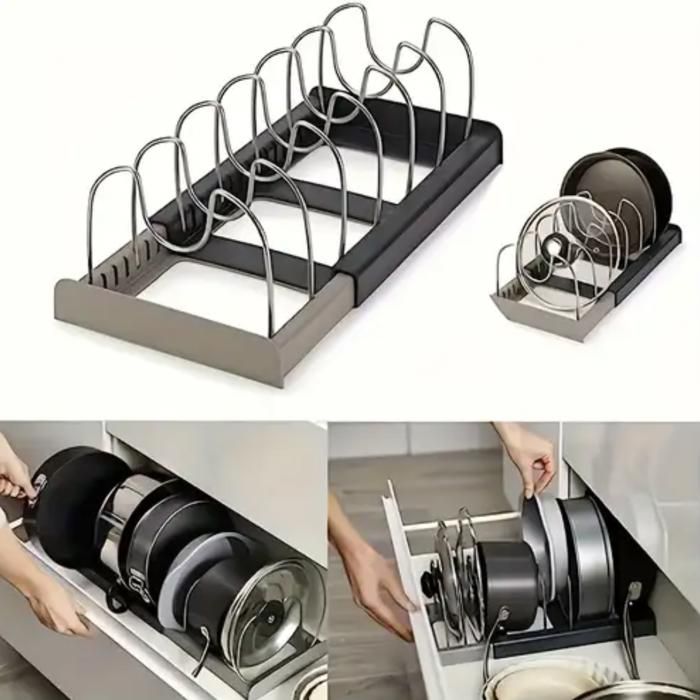 Support réglable pour ustensiles de cuisine, rangement pour casseroles et espace d’égouttage.
