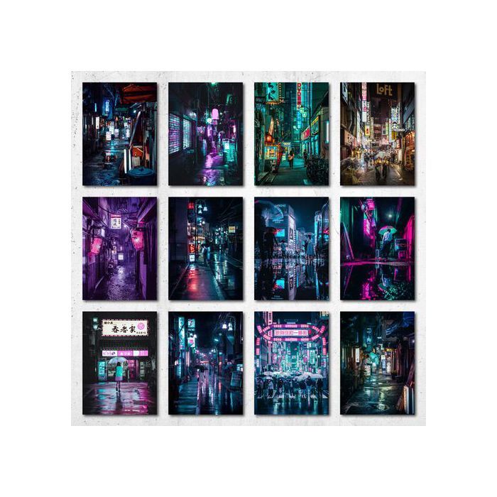 Poster A5 - Tokyo Streets - Neon - 12 affiches - Décoration murale - Urbain/Villes