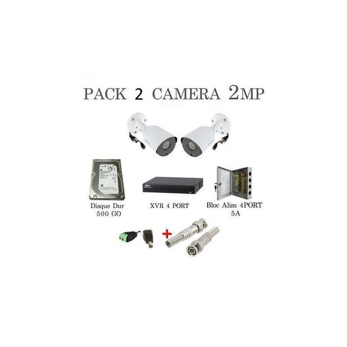 Dahua Kit vidéosurveillance complet :DVR 4CH + 2 caméras 2MP +Disque Dur 500GB + bloc + 6BNC&DC