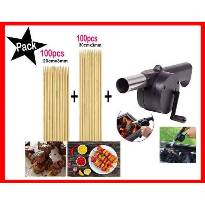 Pack ventilateur manuel pour barbecue au charbon + 100pcs brochettes de barbecue 20cm + 100 brochettes de 30 cm