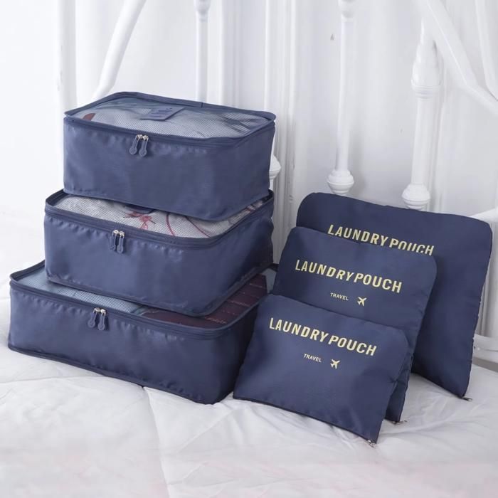 Organisateurs de Valise - Rangement Optimal - Lot de 6 - Bleu - Maille - Compactes et Empilables