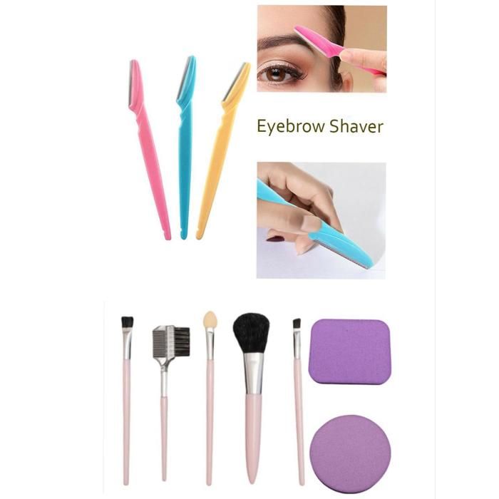 Pinceaux de maquillage - Pack multi usage - 5 Pinceaux - 2 Éponges - 3 Rasoirs